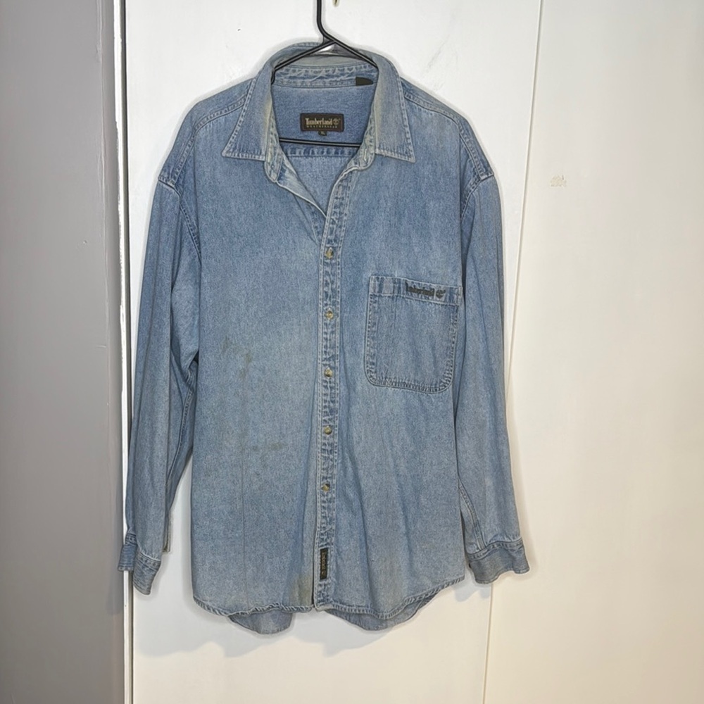 Mens Timberland Classic Blue Denim work shirt, XL, trashed, used, job-site work